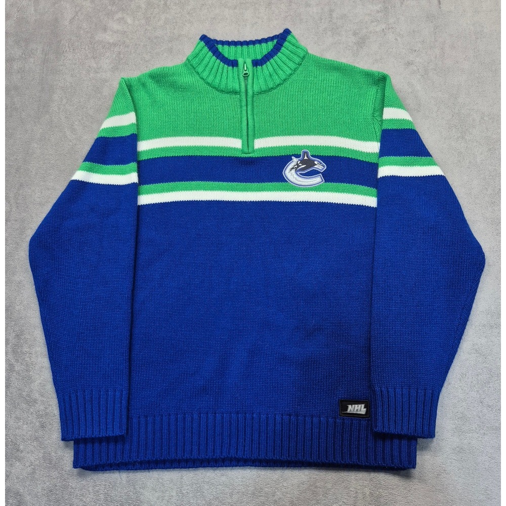 NHL Vancouver Canucks Retro Quarter Zip Knit Sweater Blue Green Striped Mens L
